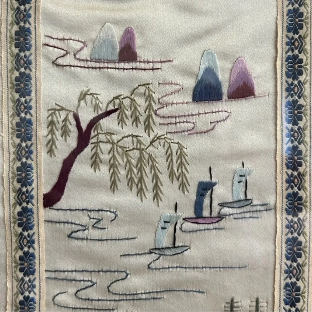 Vintage Chinese Handwoven Embroidery Framed Gold Bamboo Frame 12x24